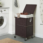 Chrislley 90L Slim Laundry Hamper with Wheels, Rolling Laundry Basket with Lid and Renovable Liner Bag, Handwoven Rattan Organizer for bedroom, bathroom, laundry room (Brown)