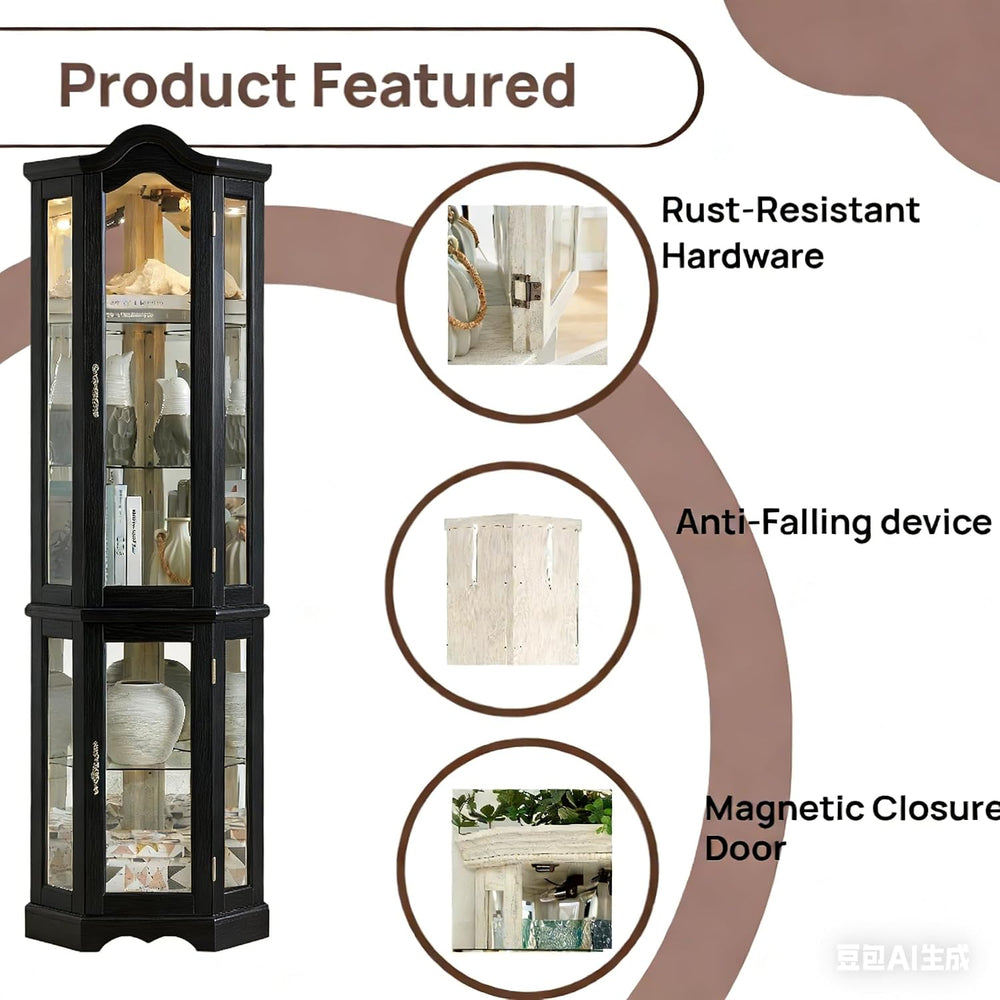 70" Lighted Corner Curio Cabinet,Inside Mirror Corner Glass Display Case...