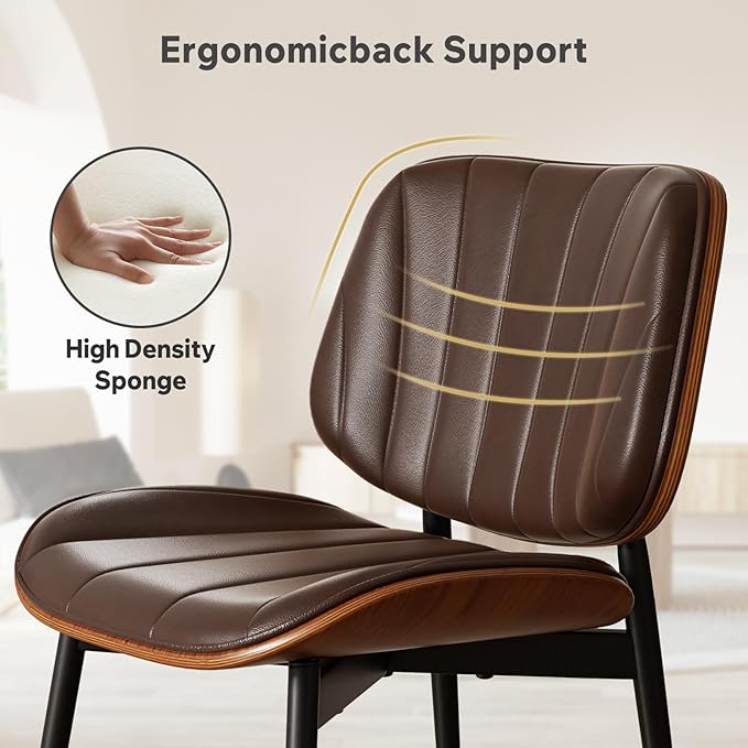 Dining Chairs Set of 2, Mid Century Modern Dining Room Chair, Upholstered Faux Leather Kitchen Chairs with Walnut Bentwood Back and Metal Legs for Kitchen Dining Living Room, Coffee