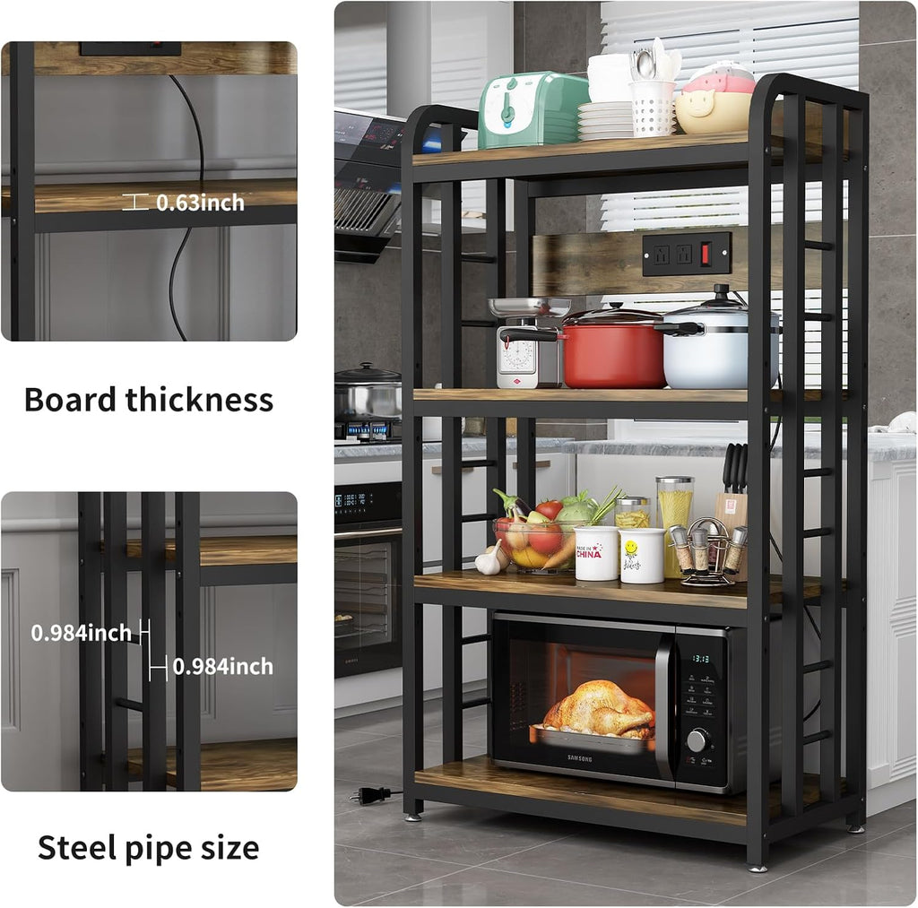 SIREDEEP Bakers Rack with Power Outlet ，4-Tier Kitchen Baker's Rack,Microwave Stand with Storage Suitable for Kitchen, Living Room, Dinning Room，Coffee Bar(Rustic Brown)