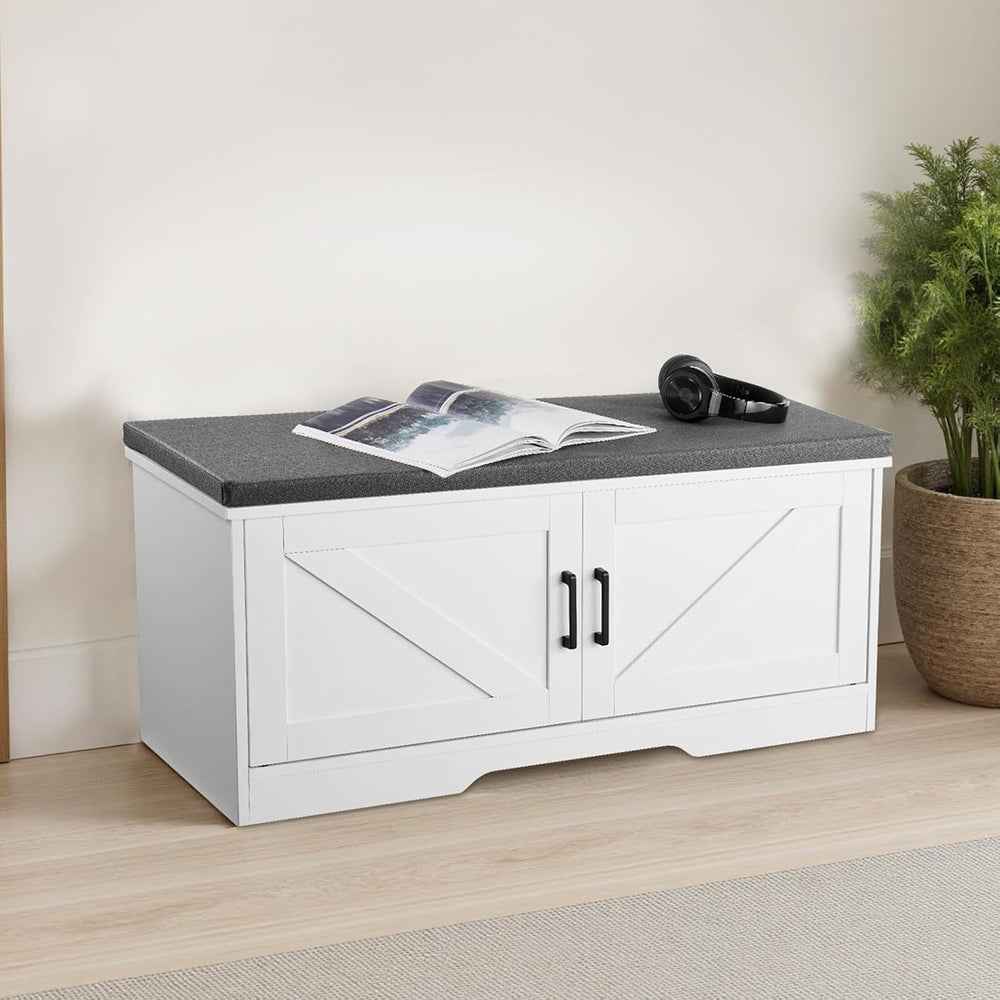 VEVOR Shoe Storage Bench with Padded Cushion & 2 Barn Doors, Entryway Ben...