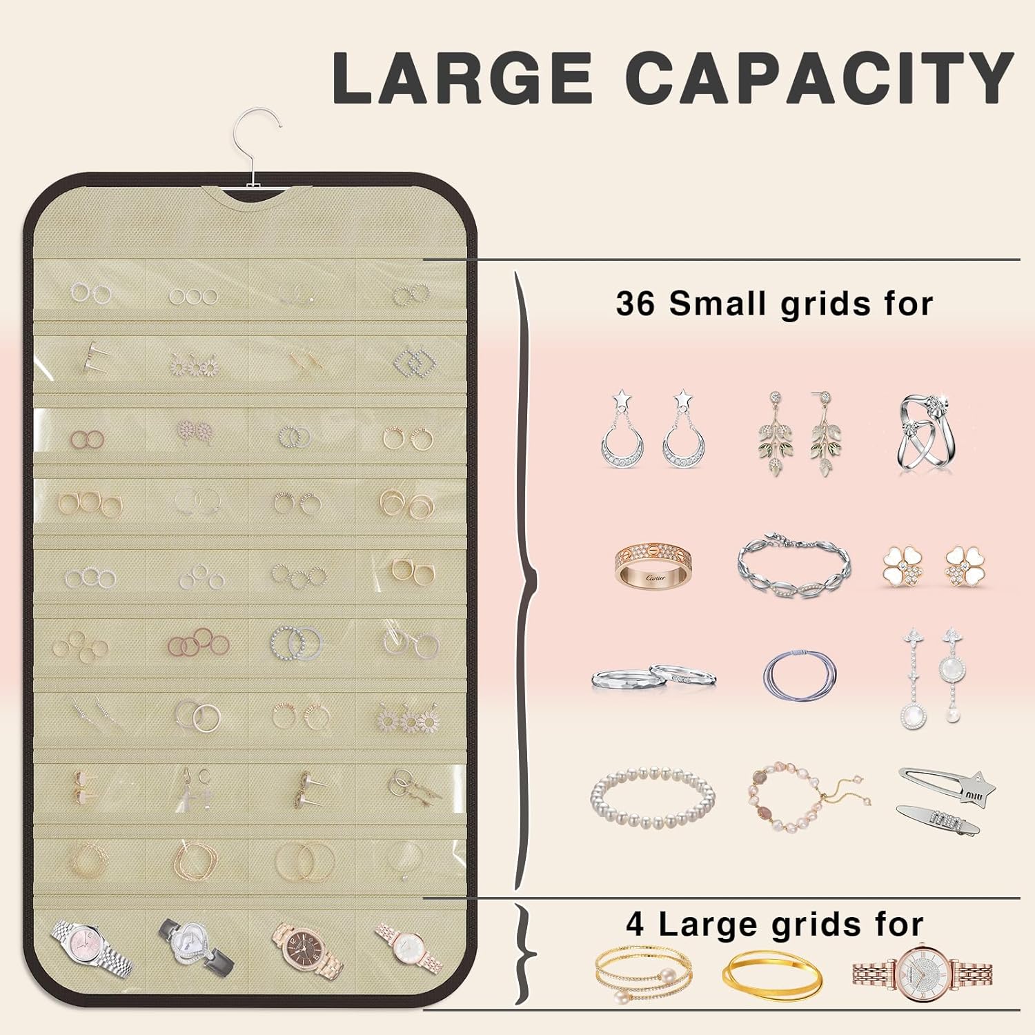 Hanging Jewelry Organizer Storage, 40 Pockets 36 Hooks Necklace Earring Bracelet Ring Organizer, Double - Sided Design, Black and Beige