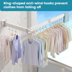 Abiglifty Clothes Drying Rack Wall Mounted, Laundry Drying Rack Collapsible, Foldable & Retractablewith 18 Hooks for Indoor/Outdoor Use inLaundry Room, Bathroom & Balcony (White)