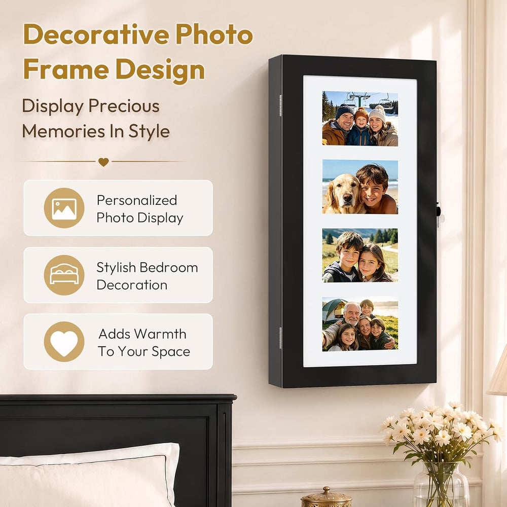 Bonnlo Wall-Mounted Jewelry Cabinet with Photo Frame, Inside Mirror, Black