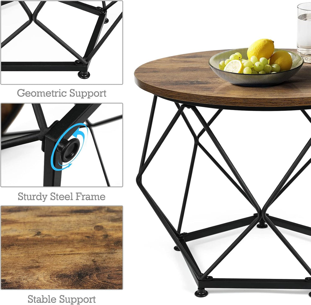 Small Coffee Table, Round End Table Set of 2 with Wooden Table and Metal Fram...