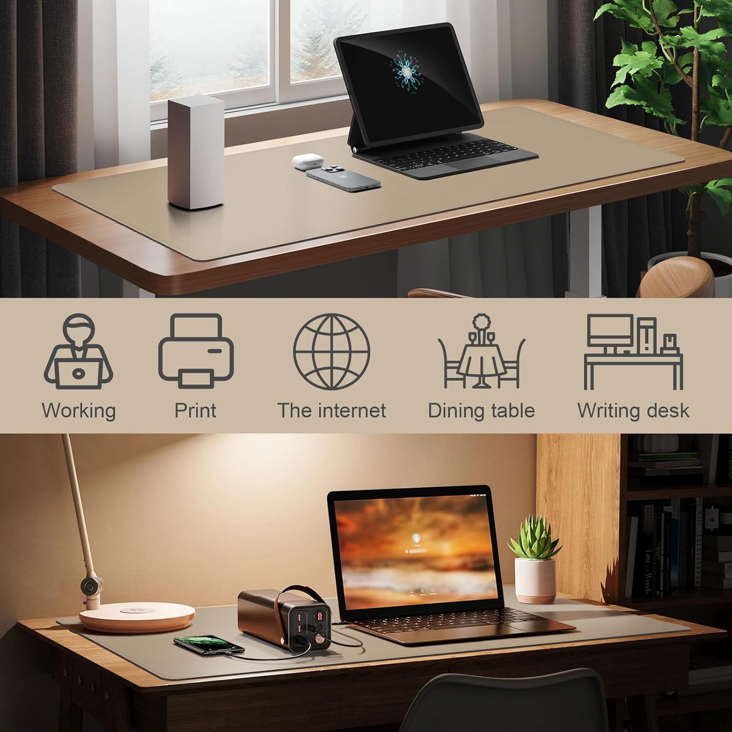 DAWNTREES Desk Mat Protector,PU Leather Desk Pad,Non Slip, Large Mouse Pad and Keyboard Mat, Waterproof Writing Pad for Office and Home (Beige,39.4''x19.7'')