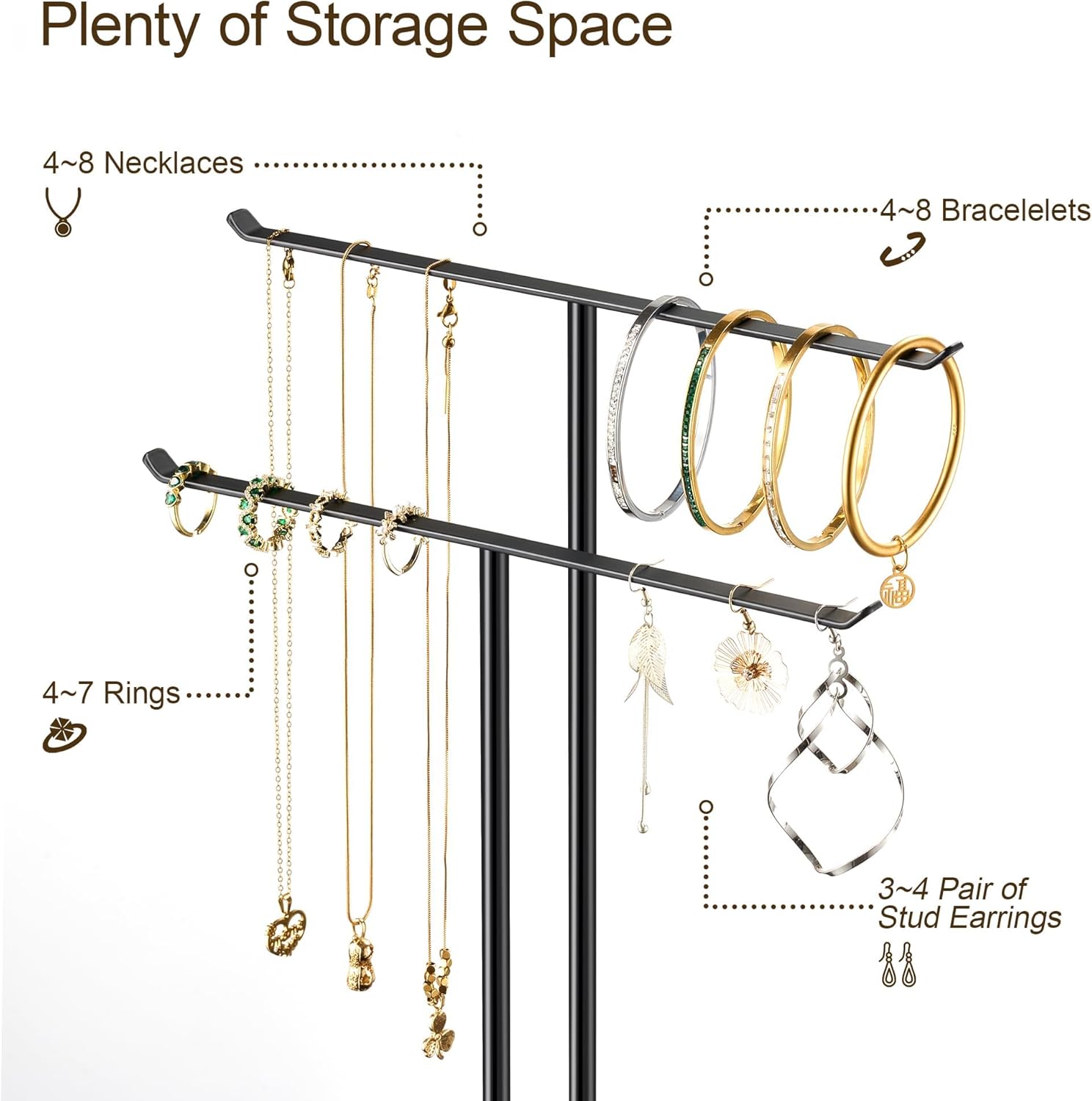 pickpiff Necklace Holder Jewelry Organizer Stand – 2‑Tier T‑Bar Jewelry Display Tree with Tray for Countertop Necklace Bracelet Earring Storage, Vanity Dresser Bathroom Sink, Black
