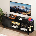 TV Console with Power Outlet-55" Entertainment Center with Sliding Tambour Door, Modern TV Stands for Living Room Bedroom, LED Media Stand with Storage Cabinet and Adjustable Shelves, Black