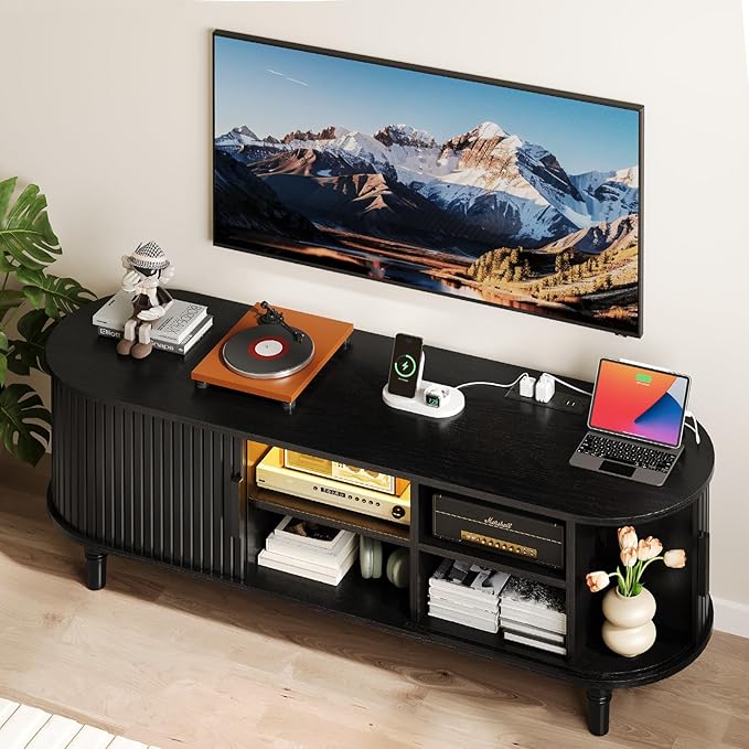 TV Console with Power Outlet-55" Entertainment Center with Sliding Tambour Door, Modern TV Stands for Living Room Bedroom, LED Media Stand with Storage Cabinet and Adjustable Shelves, Black