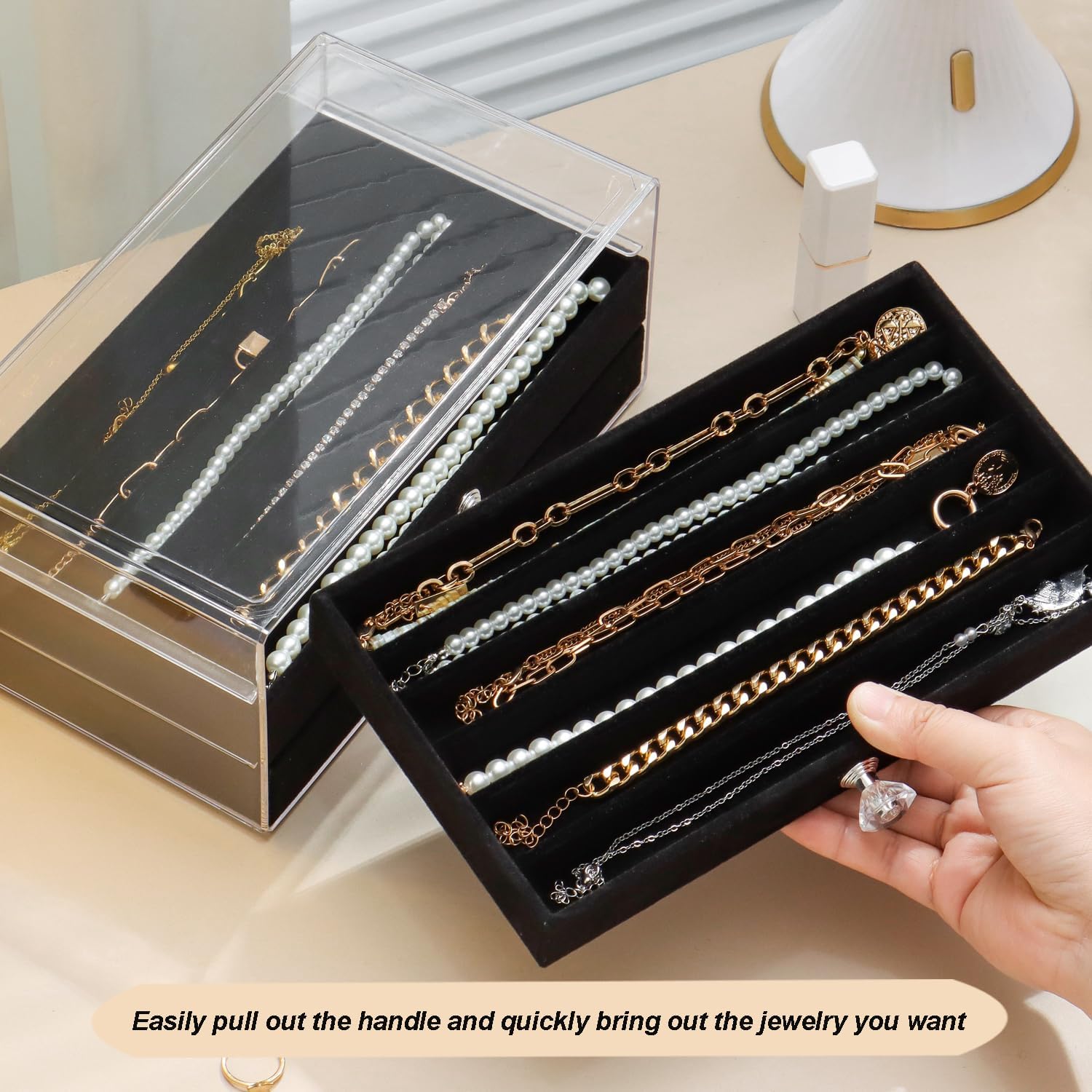 SPAKOWN Necklace Organizer Box, Velvet Necklace Box Holder Tray with Clear Lid Chains Showcase Stackable Necklace Storage for Pendant Bracelet (3 Drawers - Black)
