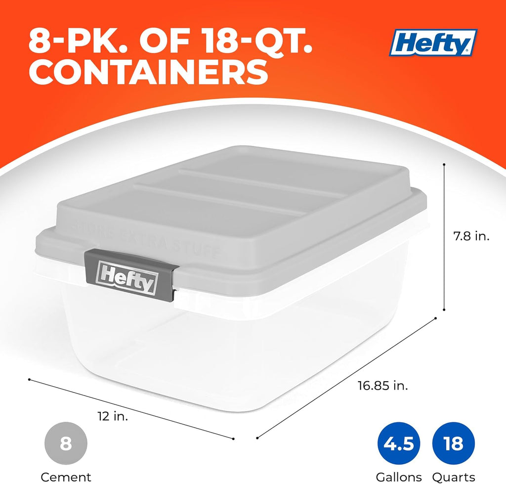 Hefty 18 Qt Hi-Rise Storage Bin with Lid, Stackable Plastic Storage Container, Organizer for Home, Garage & Closet, 8 Pack, Gray