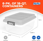 Hefty 18 Qt Hi-Rise Storage Bin with Lid, Stackable Plastic Storage Container, Organizer for Home, Garage & Closet, 8 Pack, Gray