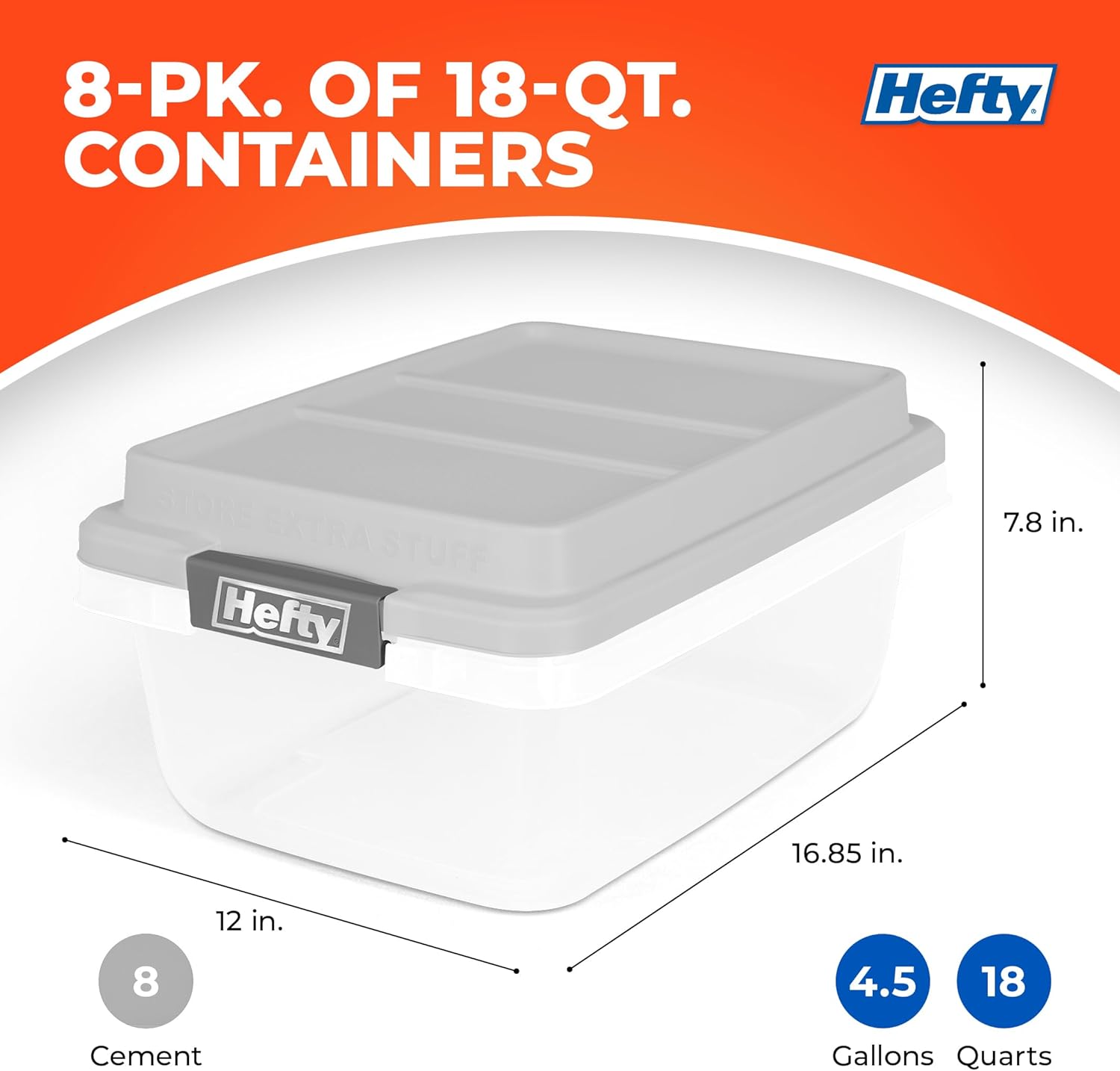 Hefty 18 Qt Hi-Rise Storage Bin with Lid, Stackable Plastic Storage Container, Organizer for Home, Garage & Closet, 8 Pack, Gray
