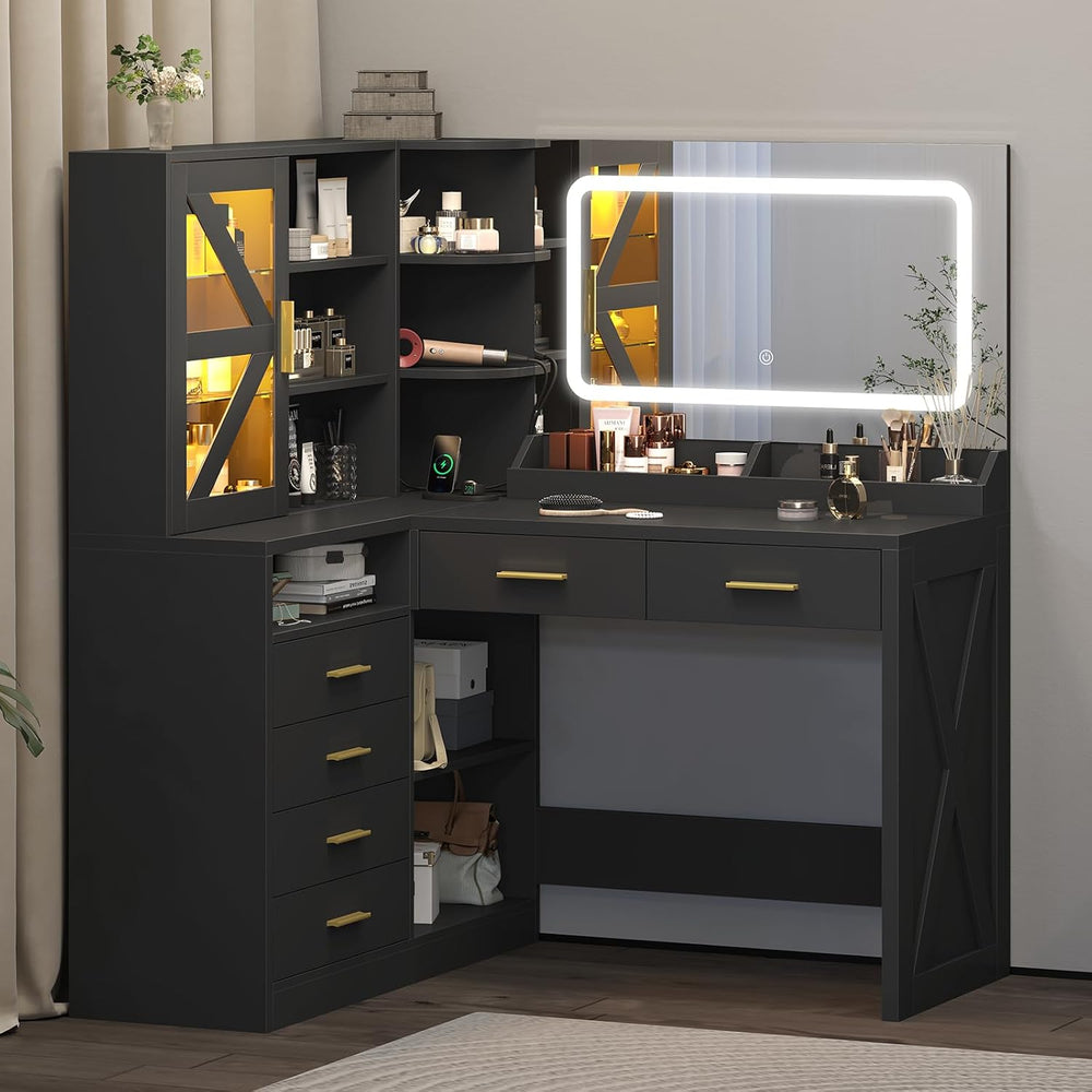 Black L-Shaped Corner Vanity with LED Lighted Mirror & Open Storage Shelv...