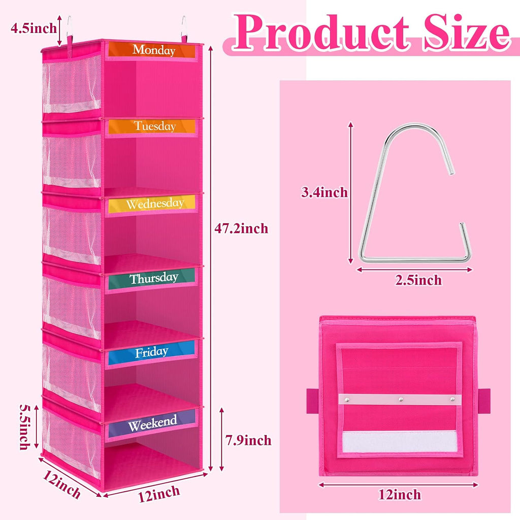 2 Pcs 6 Shelf Hanging Weekly Clothes Organizer for Kid,Rose Red | Closet Organization, Hanging Closet Shelves with Side Pockets, Labeled Shelves with Days of The Week Monday Through Weekend