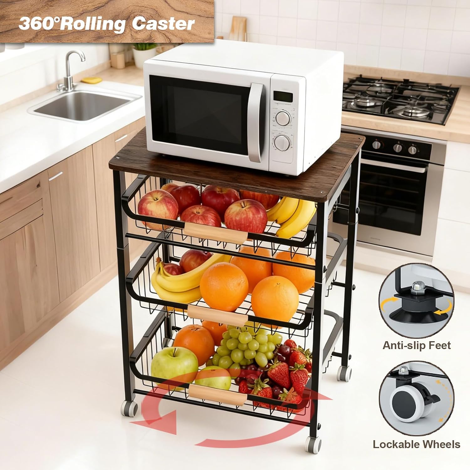 5-Tier Utility Kitchen Cart Storage with Pull-Out Baskets and Wood Top,Heavy Duty Multi Rolling Pantry Kitchen Cart on Wheels for Fruit Potato Onion Vegetable Snack Produce,Black
