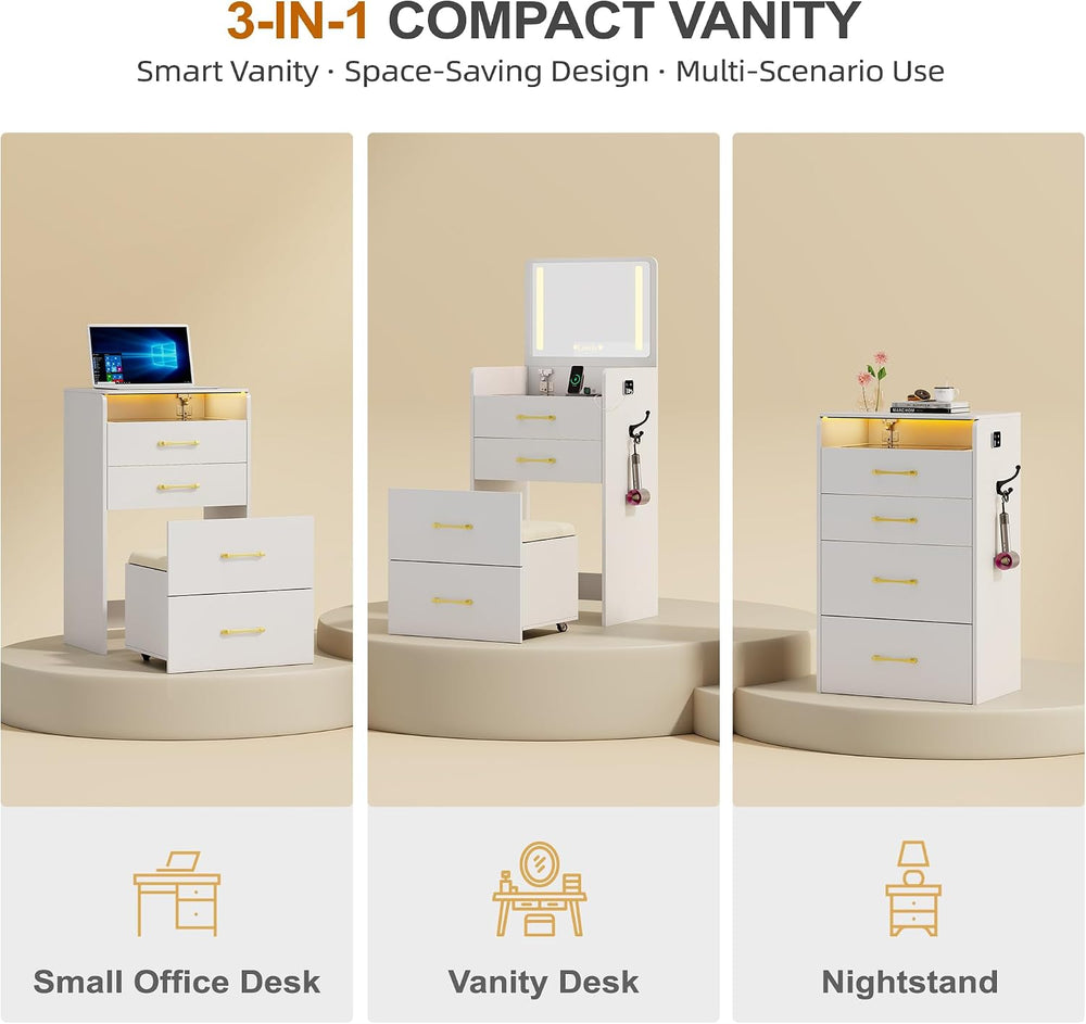 3 in 1 Vanity with Mirror and Sensor Lights,Charging Station,Pure White | Gla...