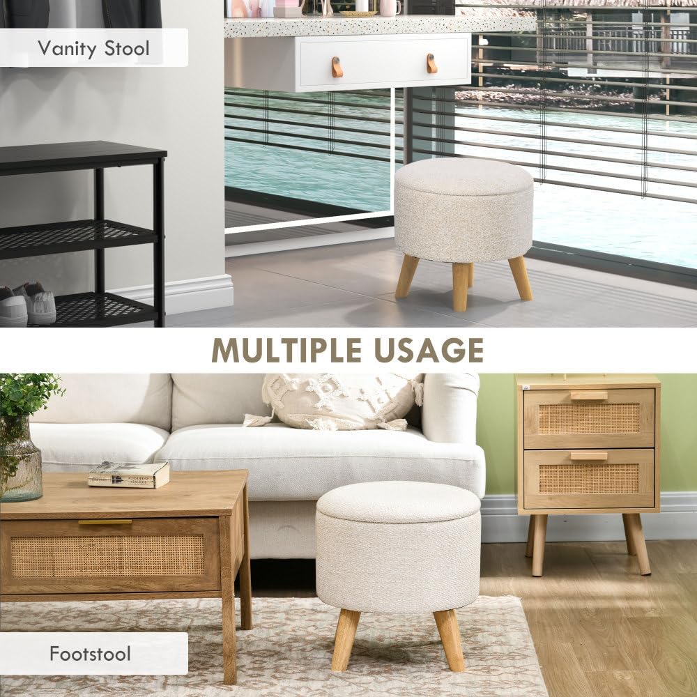 Storage Ottoman, Round Stool Chair with Cushioned Top, Cream White