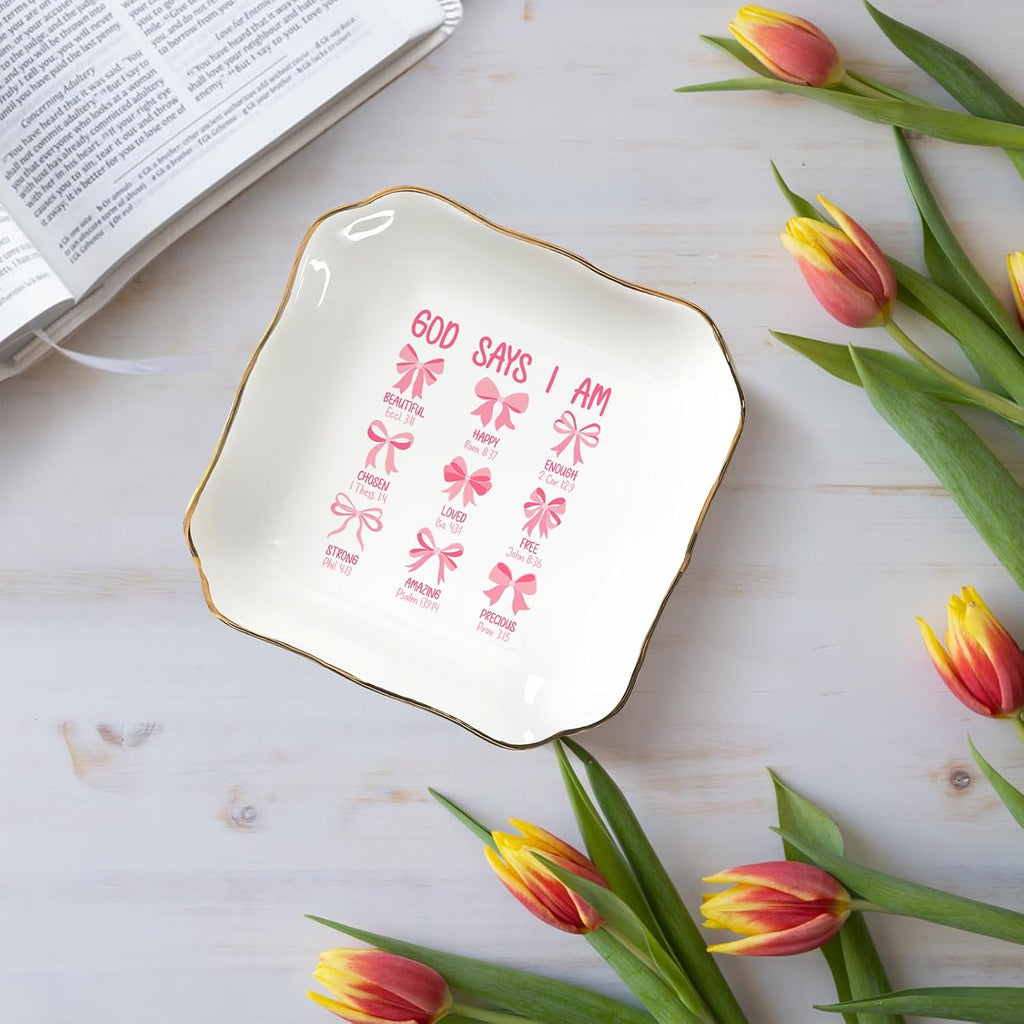 God Says You Are Jewelry Dish - Pink Bow Ceramic Ring Holder Tray for Women, Inspirational Bible Verse Jewelry Organizer Gift for Birthday, Christmas, Wedding, Friend, Mom