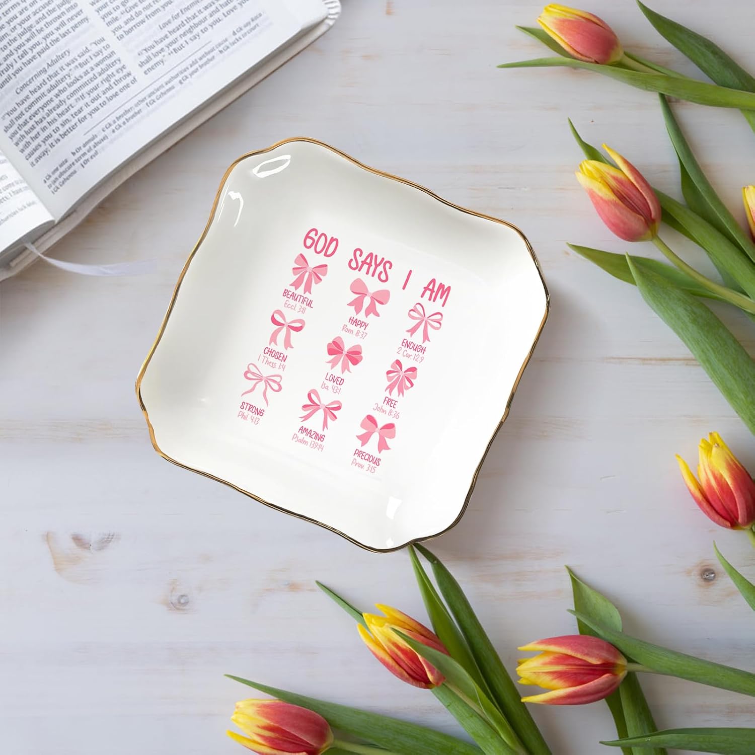 God Says You Are Jewelry Dish - Pink Bow Ceramic Ring Holder Tray for Women, Inspirational Bible Verse Jewelry Organizer Gift for Birthday, Christmas, Wedding, Friend, Mom