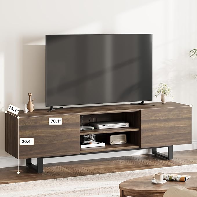 GarveeHome Industrial TV Stand for 80 in, Modern Entertainment Center with 2 Drawers, Wooden Media Cabinet with Heavy Duty Leg and Open Storage, TV Console Table for Living Room, Walnut
