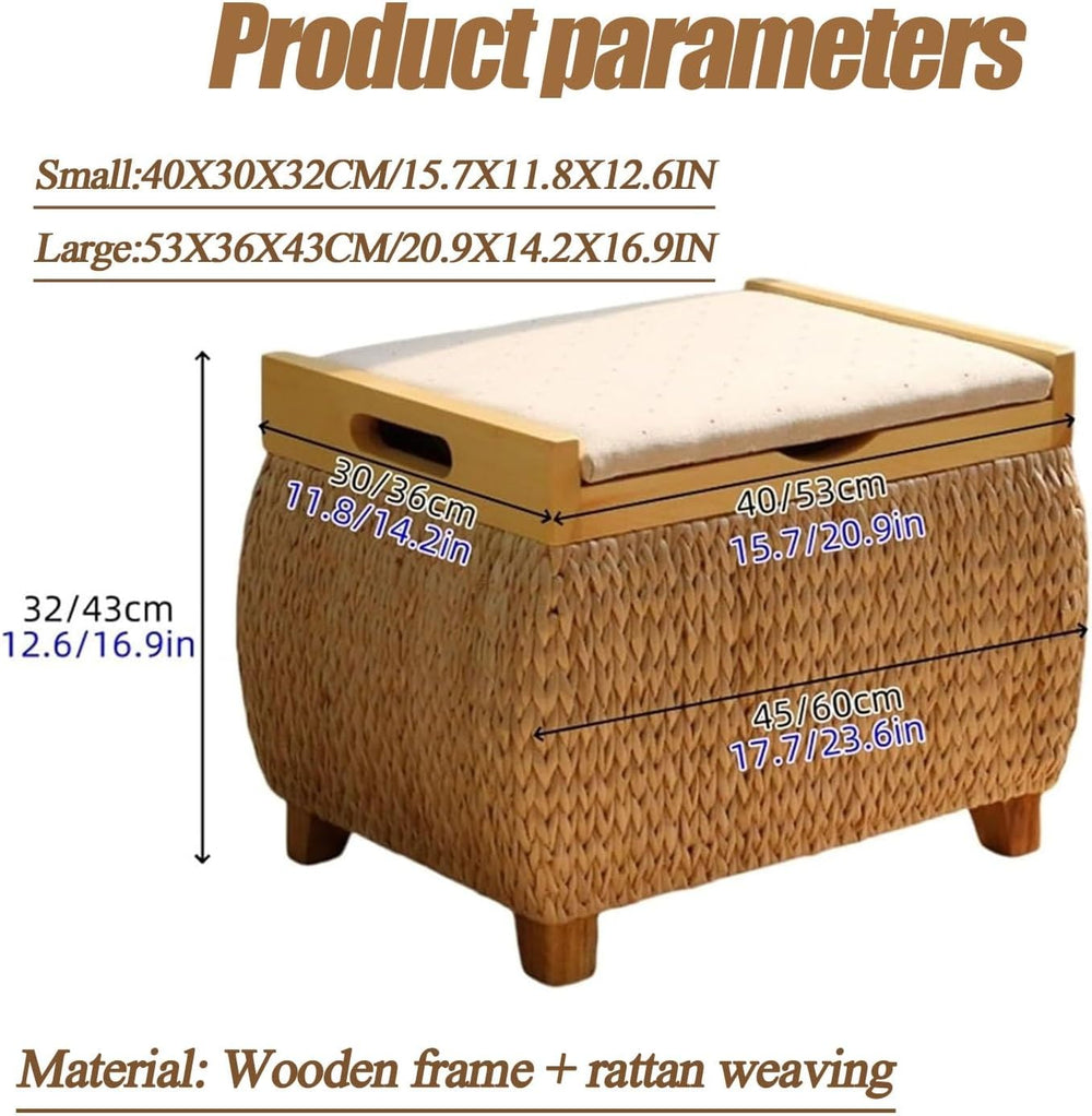 Ottoman with Storage Rattan Woven ，Bench with Padded Seat End of The Bed Entr...