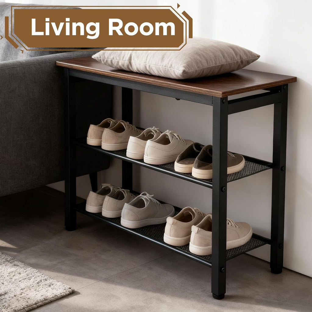 3-Tier Shoe Rack Bench, Hardwood & Alloy Steal Entryway Storage Organizer for Front Door Entrance, Bedroom, Living Room, 300lb Capacity (3-Tier Shoe Bench (Metal Mesh))