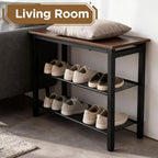 3-Tier Shoe Rack Bench, Hardwood & Alloy Steal Entryway Storage Organizer for Front Door Entrance, Bedroom, Living Room, 300lb Capacity (3-Tier Shoe Bench (Metal Mesh))