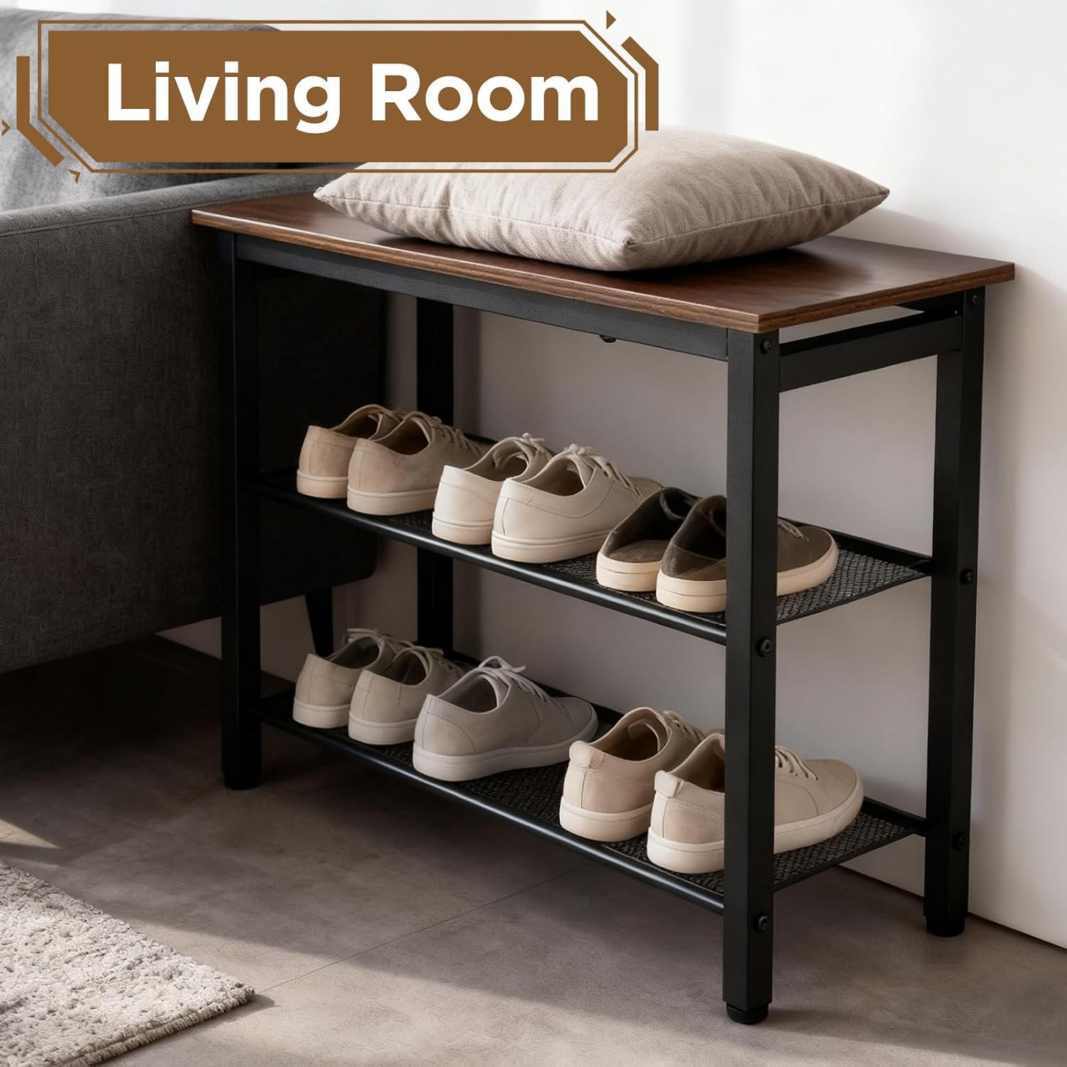 3-Tier Shoe Rack Bench, Hardwood & Alloy Steal Entryway Storage Organizer for Front Door Entrance, Bedroom, Living Room, 300lb Capacity (3-Tier Shoe Bench (Metal Mesh))
