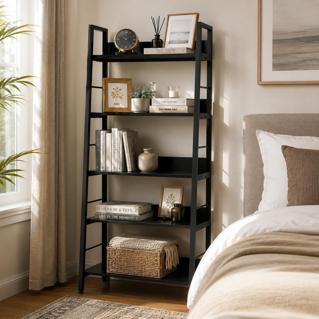 BATHWA 5 Tier Book Shelf, Rustic Industrial Ladder Bookshelf Wood Metal, Dark Brown Farmhouse 28'' Wide 59''Tall Ladder Shelf Living Room, Bedroom, Home Office