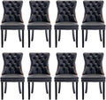 Leather Upholstered Dining Chairs Set of 8, Modern Style Kitchen Side Chairs with Nailhead Trim and Wood Leg, Metal Pulling Ring for Dining Room Living Room