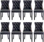 Leather Upholstered Dining Chairs Set of 8, Modern Style Kitchen Side Chairs with Nailhead Trim and Wood Leg, Metal Pulling Ring for Dining Room Living Room