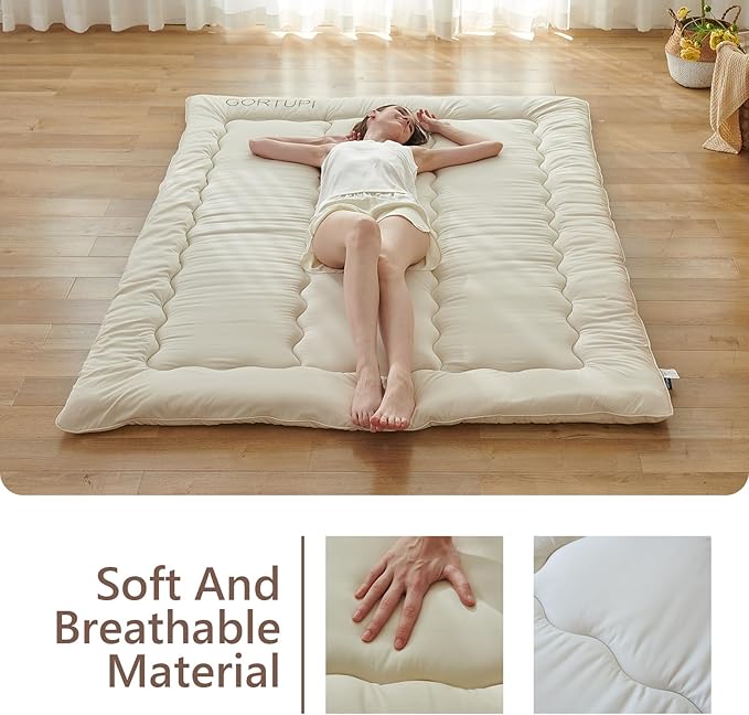 Twin Size Japanese Futon Mattress Foldable Topper Mattress for Floor Tatami Floor Mat Portable Roll-Up Bed for Guest Play mat for Kids Sleeping Pad Beige B