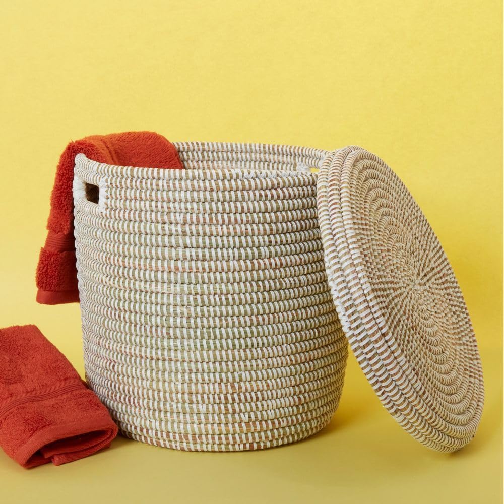 Small White Storage Basket - Laundry Hamper, Baby Nursery Toys Bin, Living Room Blankets Storage, Towels Holder, Organizing, Decorative - Wicker, Woven, Lid, Handles