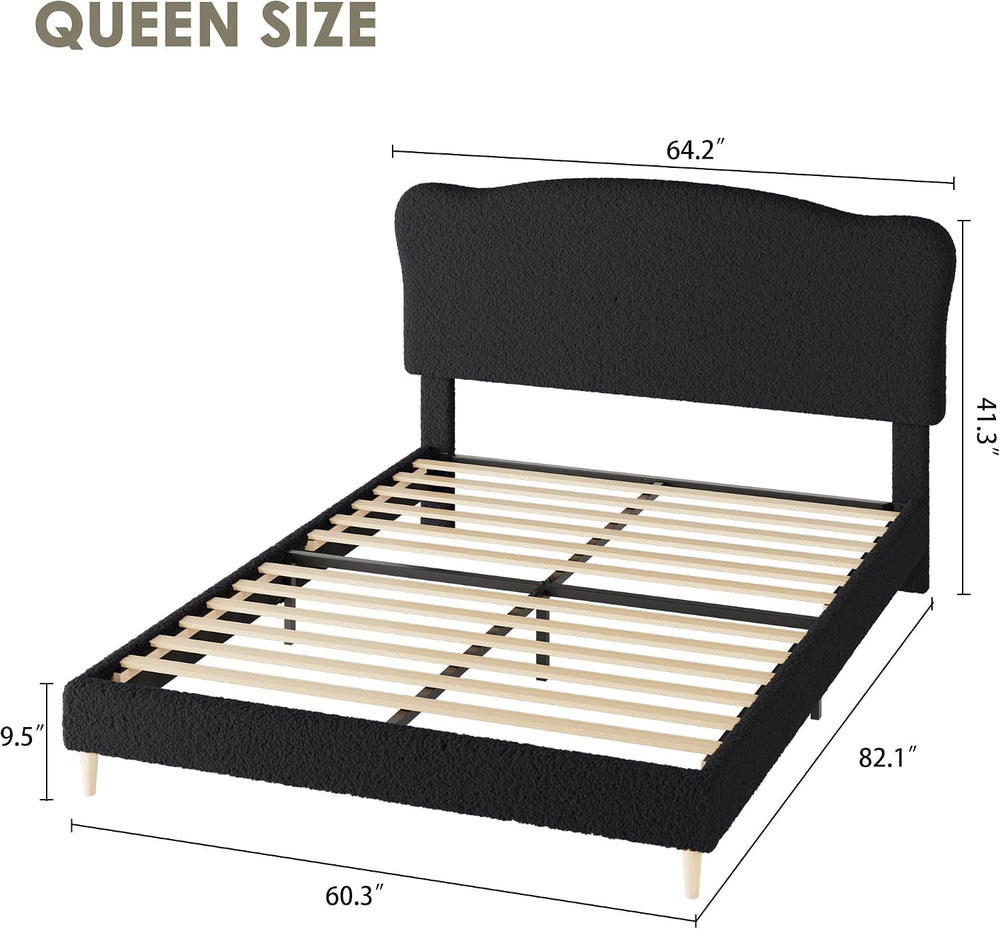 Garvee Bouclé Queen Size Bed Frame with Upholstered Headboard, Black