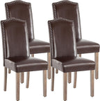 Upholstered Dining Chair Stylish Parsons Kitchen High Back with Silver Nailhead Trim & Wood Legs, 4-Pack, PU Dark Brown