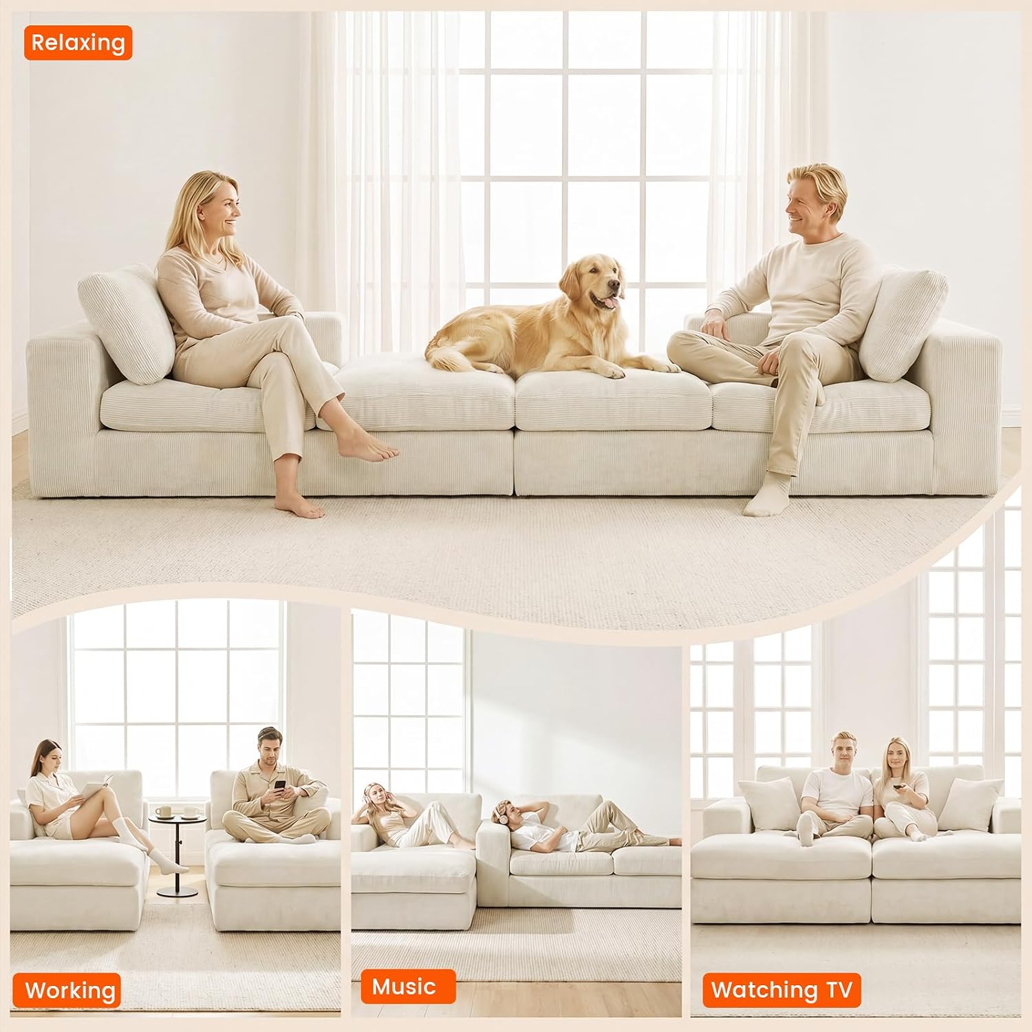 81" Oversized Double Chaise Lounge, Cloud Boneless Sofa Bed, Beige | 59" Deep Seat Couch, Modular Oversized Loveseat, Soft Cloud Sofa, 4 Pillows, 10" Wider Armrests, Chaise Lounge Chair Indoor