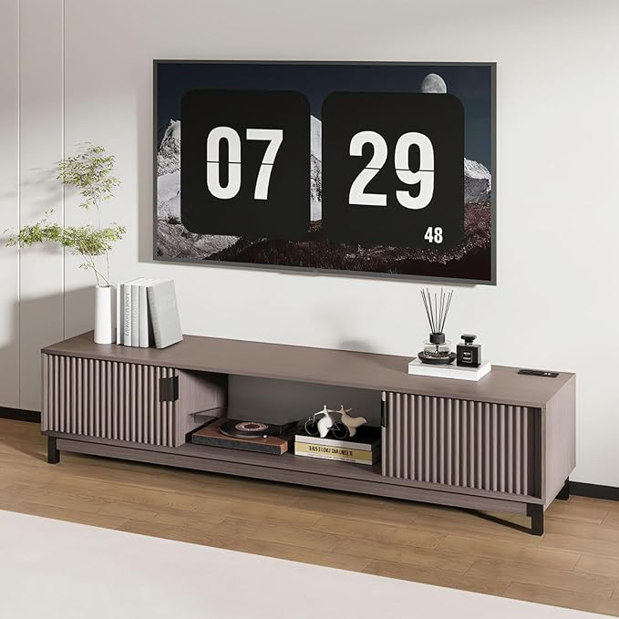 Mid Century Modern TV Stand with Power Outlet for TVs Up to 80", Luxury Fluted TV Console Media Entertainment Center with Storage Cabinets and Open Shelves for Living Room Bedroom - 70" Mocha