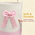 Pink Laundry Hamper with Bow, Tall Storage Basket for Nursery | Woven Cotton Rope Blanket and Toy Basket, 15x17.7in, Living Room Nursery & Bedroom, Clothes Storage Pink Bow