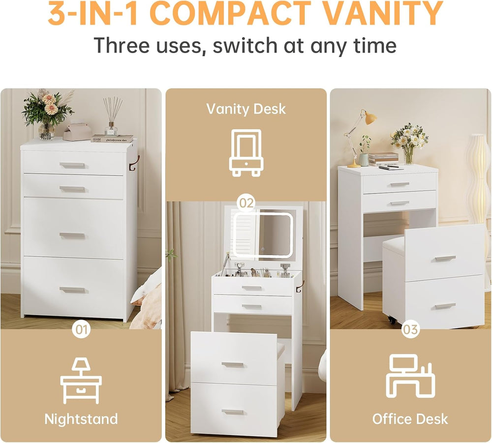 Airynee 3 in 1 Vanity, Compact Vanity with 3 Drawers | Makeup Desk with Flip-...