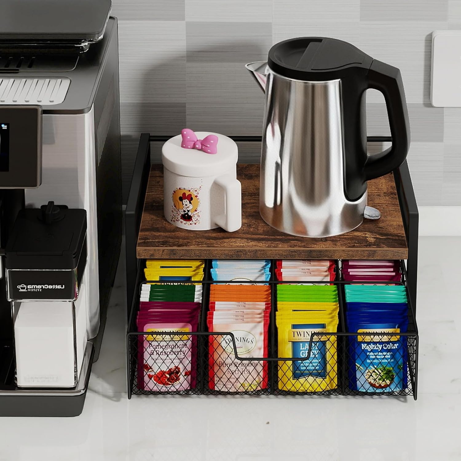Tea Bag Organizer with Drawer, Tea Caddy for Countertop, Rustic | Wooden Tea Station Organizer with Drawer, Teabag Holder, Tea Organizers and Storage for Tea Bags, Sugar Packets, Accessories