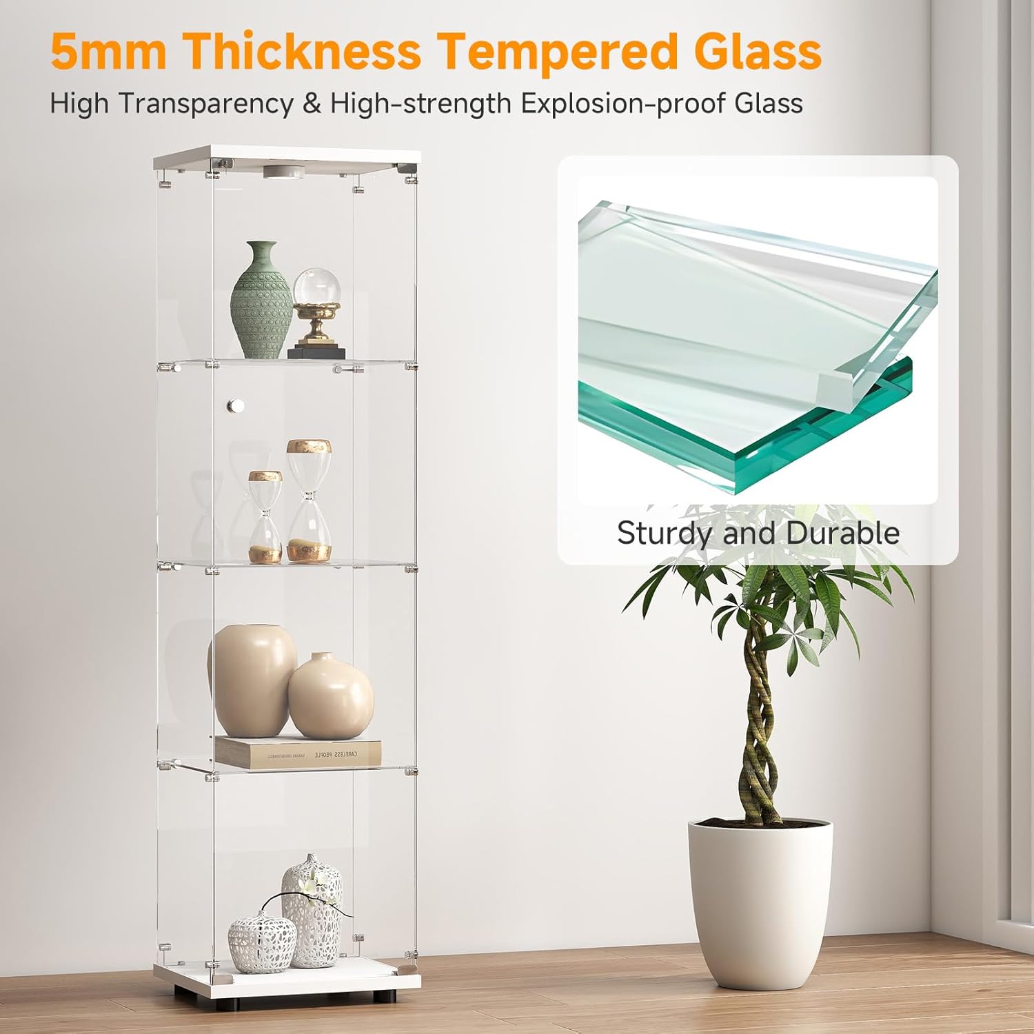 Tempered Glass Display Cabinet with Lights, 4-Tier Curio Cabinet with Glass Doors and Lock, Glass Display Case for Collectibles, for Living Room, Bedroom, Office, White, Single Door
