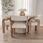 Farmhouse Dining Chairs Set of 2 - Upholstered Armchairs with Linen Cushions & Curved Wooden Arms, Barrel Wood Kitchen Chairs for Dining Room/Cafe/Kitchen Island (Oatmeal Beige)