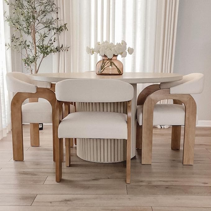 Farmhouse Dining Chairs Set of 2 - Upholstered Armchairs with Linen Cushions & Curved Wooden Arms, Barrel Wood Kitchen Chairs for Dining Room/Cafe/Kitchen Island (Oatmeal Beige)