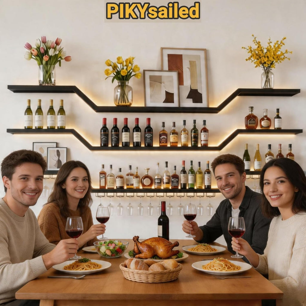63" Wall Mounted LED Wine Rack, 3-Tier Floating Bar Shelves, Large Liquor Shelf with Wine Glass Rack, Large Bar Rack Wall Mounted for Liquor Bottles, Home Bar, Dining Room or Cafe, Black