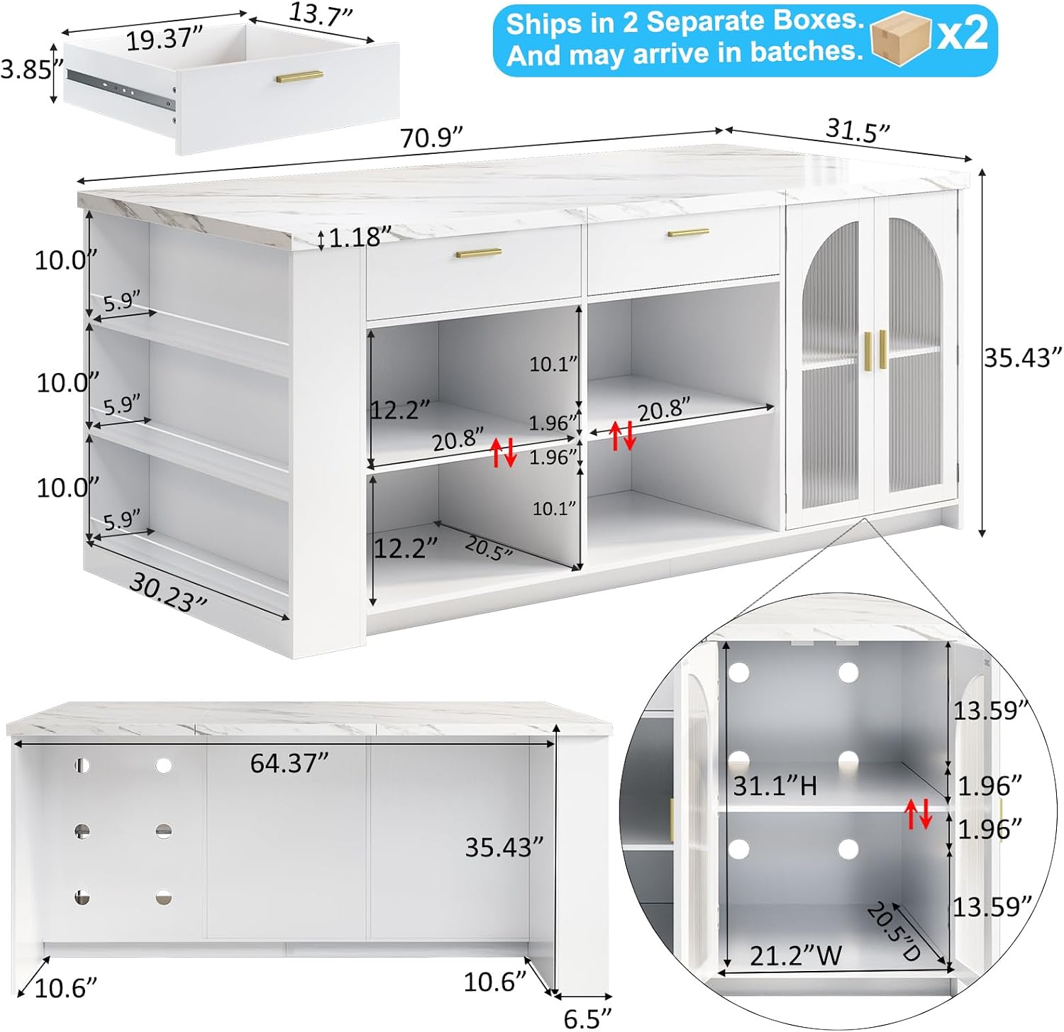 IBF 71" Modern Large Kitchen Island with Storage, White Faux Marble & White | Wood Island Table with Seating for 4, Stationary Island Cabinet with Drawers & Fridge Space, Counter Height Island Bar