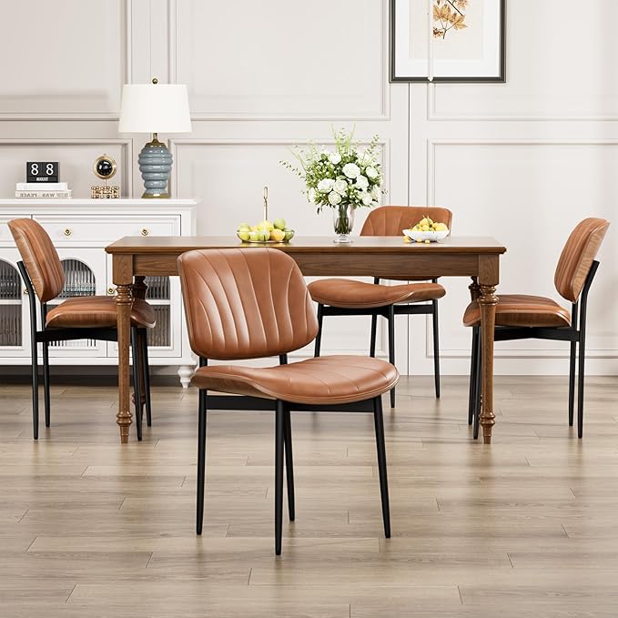 Dining Chairs Set of 2, Dining Room and Kitchen Chairs, Mid Century Modern Accent Chair, Upholstered PU Leather Chairs for Vanity with Walnut Bentwood and Metal Legs, Light Tan