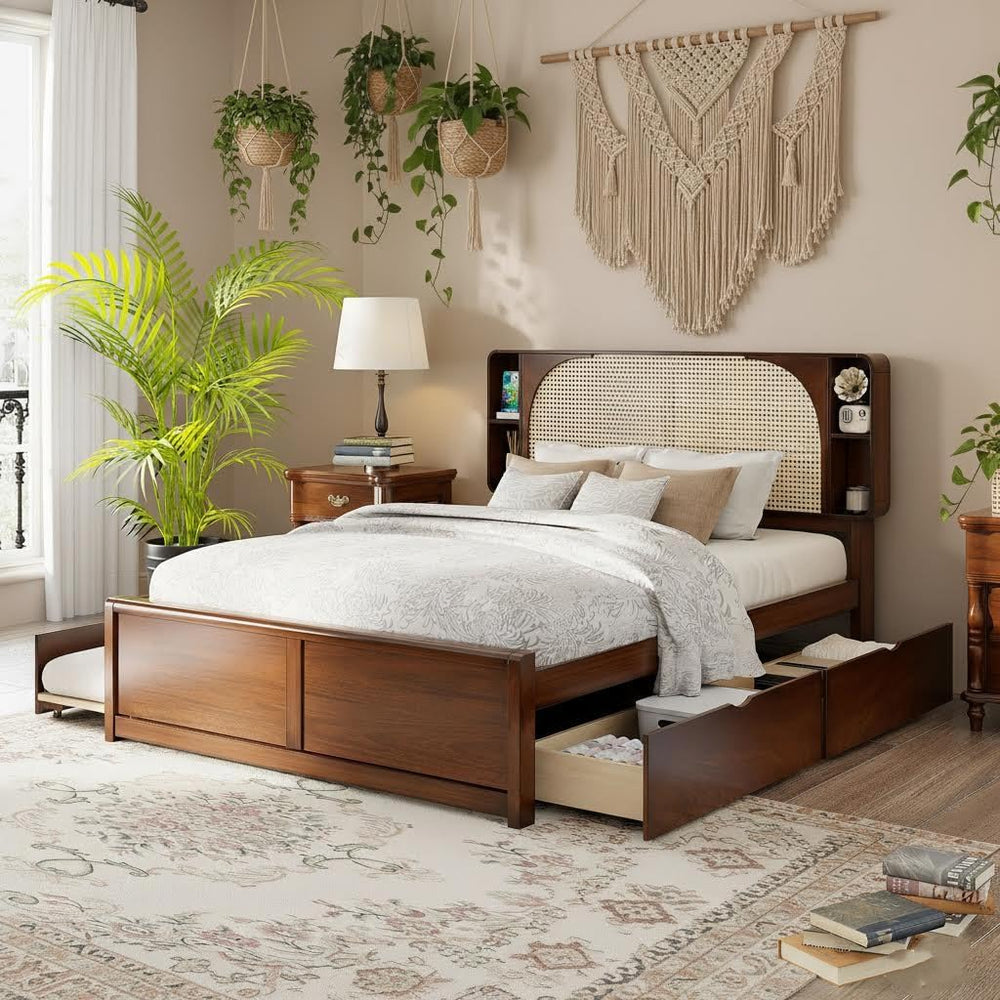 SOFTSEA Queen Size Rattan Bed with Trundle and 2 Drawers, Elegant Traditional...
