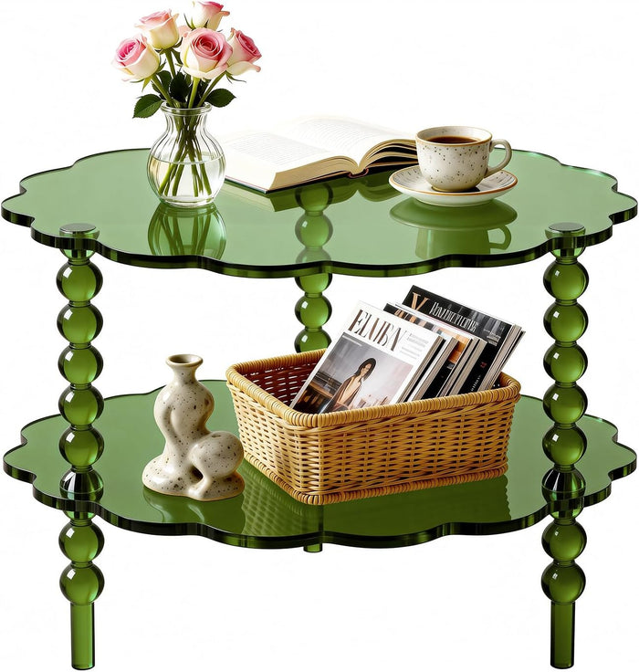 Acrylic Coffee Table, Small Round Modern Coffee Table for Living Room,23.6" D x 23.6" W x 16.5" H (Green with Bead Legs)