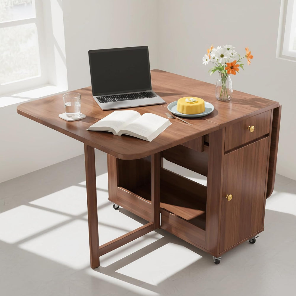 Extendable Drop Leaf Folding Dining Table with 2 Hidden Storage Drawers and 4...